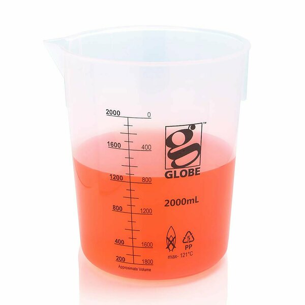 Globe Scientific 2000mL Beaker, Diamond Essentials, Griffin Style, Low Form, Printed Graduations, PP 3650-2M